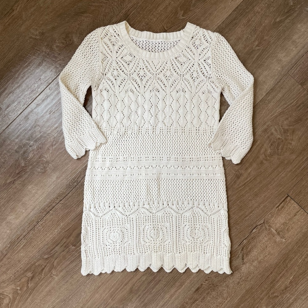 Girls crochet white dress long sleeve sheath open knit pullover size XL